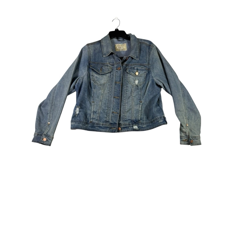 YMI Jeans Women's 1X Distressed Denim Jacket Blue Button Front Plus Size